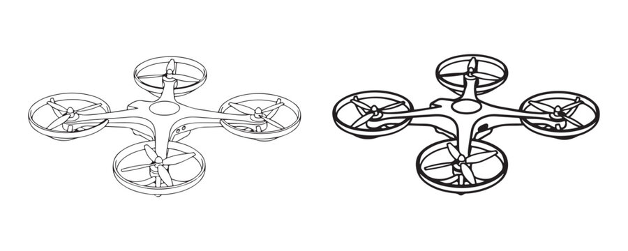 Perspective view quadcopter drone line art illustration set isolated on transparent background vector.