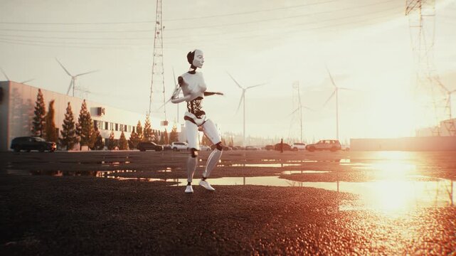 Dancing Robot in Modern Data Center Representing Artificial Intelligence and Future Technology.