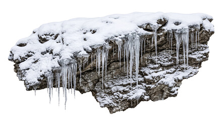 Large jagged rock formation covered in fresh white snow with hanging icicles on white background