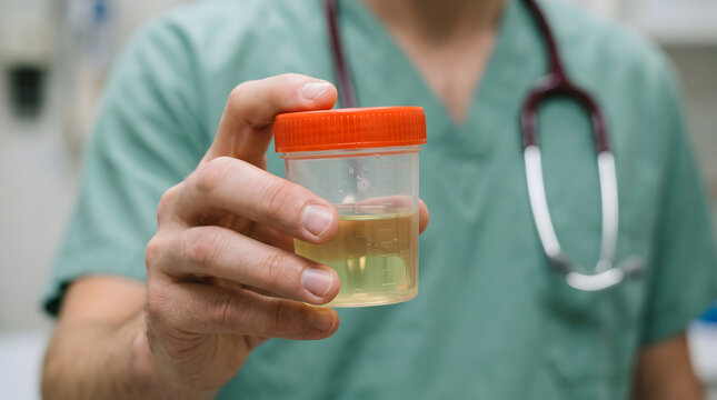 Doctor in green medical scrub holding clear urine sample container with orange lid in hospital laboratory
