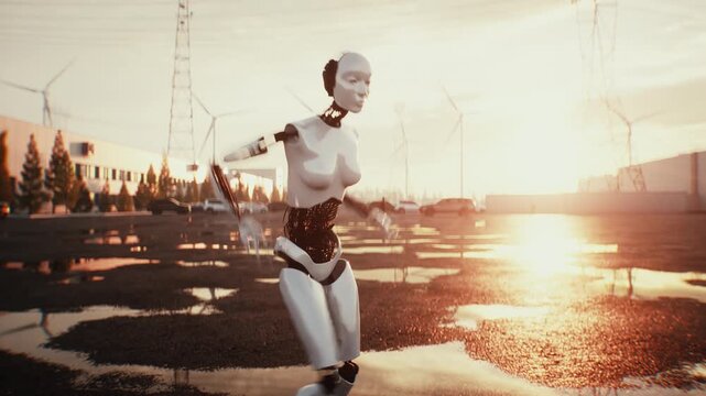 Dancing Robot in Modern Data Center Representing Artificial Intelligence and Future Technology.