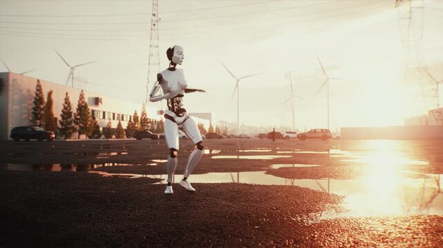 Dancing Robot in Modern Data Center Representing Artificial Intelligence and Future Technology.