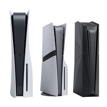 Gaming consoles PNG illustration featuring a set of modern futuristic video game hardware towers and systems on an isolated white background.