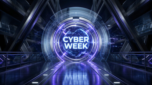 Cyber week glowing portal with futuristic digital tunnel background