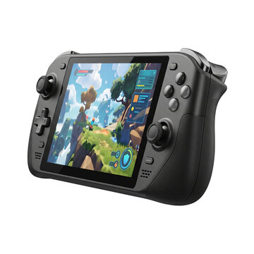 Handheld gaming console PNG illustration featuring a modern black portable video game device with an active gameplay screen isolated on a white background.