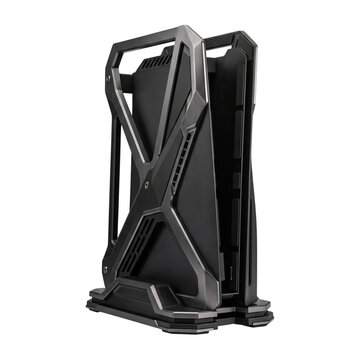 Gaming PC tower PNG photo featuring a modern dark grey futuristic computer case with an aggressive skeletal frame on an isolated white background.   