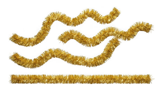 Set of golden christmas tinsel garlands isolated on transparent background