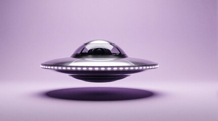 Fototapeta premium Futuristic silver UFO flies above purple background. Shiny metal flying saucer with glowing lights floats in space. Sci-fi spaceship concept with glass dome. Extraterrestrial craft travels through