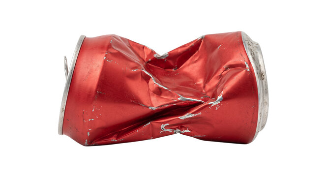 A crushed red aluminum soda can isolated on a clean white background for recycling concepts