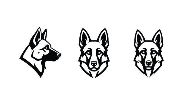 Graphic black and white vector drawings showing german shepherd dog heads from profile and front views.