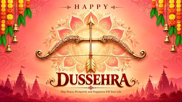 golden bow dussehra greeting card with traditional floral mandala background