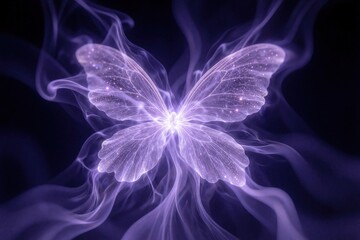 Fototapeta premium Mystical purple butterfly glows in dark space. Ethereal winged creature floats amidst swirling violet mist, magical smoke. Dreamy fantasy creature shines with sparkling light, energy. Surreal digital