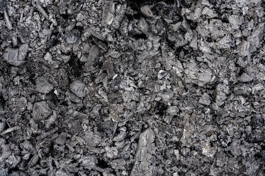 Wood ash and charcoal texture abstract background. Burnt wood ash mixed with black charcoal pieces. Dark grey backdrop for fireplace, campfire, destruction, ecology or metallurgy concepts