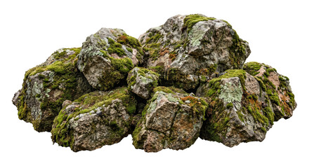 Large pile of natural granite rocks covered in vibrant green moss isolated on white background © Ophelia