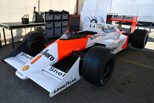 Scarperia, Italy - October 2th 2026: McLaren MP4/3 of year 1987 ex Alain Prost and Stefan Johansson in the paddock during practice session at Mugello Circuit.