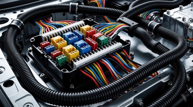 Close up of advanced vehicle electrical wiring system. Complex colorful wires connect to relay box, sensors in high tech car. Detailed view of automotive electrical components, electronic parts,