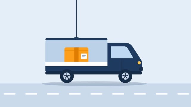 Seamless loop 4K 6-second vector motion graphic illustrating package delivery van, crane loading, successful checkmark confirmation, and van departure.