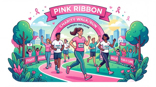 Pink Ribbon Charity Walk and Run Modern Vector Illustration