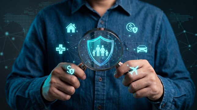 Insurance advisor analyzes coverage and risk protection for family, health, home, auto, travel, financial security, policy review, claims planning, asset protection, and personal insurance management.
