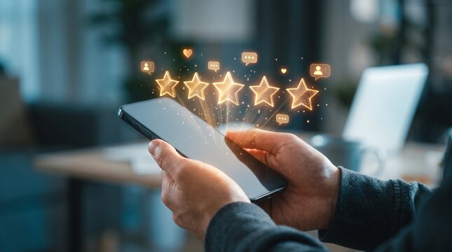 Marketing manager analyzes customer satisfaction, five-star ratings, online reviews, feedback, service quality, digital reputation, and engagement to improve customer experience and loyalty.