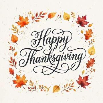 Happy thanksgiving greeting card design with a beautiful watercolor autumn leaves wreath on a textured white background