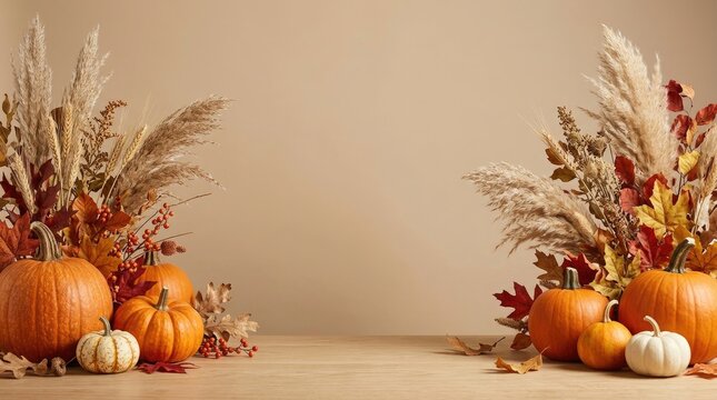 Autumn background with pumpkins and dried flowers on a beige surface with copy space for text