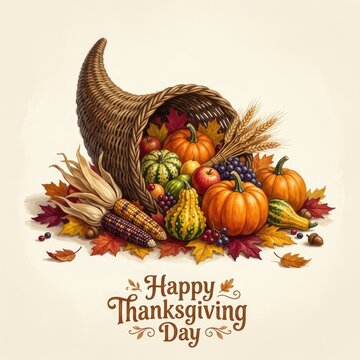 Traditional thanksgiving cornucopia overflowing with fresh autumn harvest vegetables fruits and colorful fall leaves on beige background