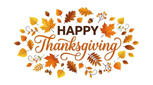 Happy thanksgiving greeting card design with colorful autumn leaves arranged in a circular frame on white background