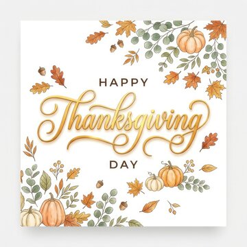 Happy thanksgiving day greeting card design with watercolor pumpkins and autumn leaves on a white background