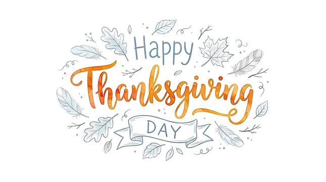 Happy thanksgiving hand drawn lettering design with decorative autumn elements on a white background for holiday greeting cards