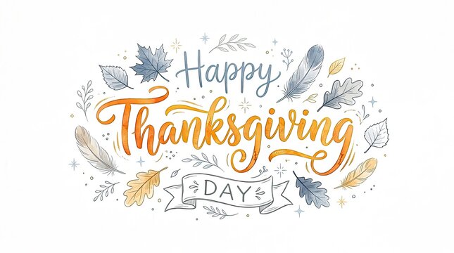 Hand drawn happy thanksgiving lettering with decorative autumn leaves and seasonal elements on a white background