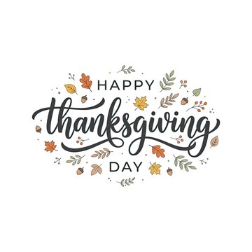 Happy thanksgiving day hand lettering greeting card design with colorful autumn leaves and fall foliage elements
