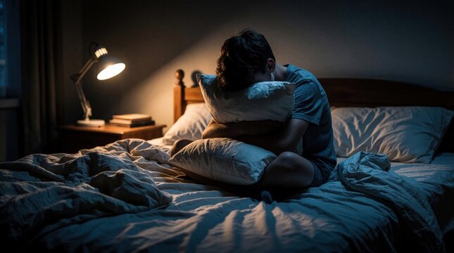 Lonely teenage boy sits on messy bed in dark bedroom. Sad boy hugs pillows, feels stress depression. Adolescent male suffers from insomnia, mental health issues at home during night. Emotional