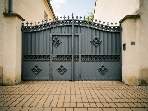 Large grey iron gates with ornate forged metal decorations stand between two white walls. Classic architectural entrance features decorative patterns, antique style. Closed metal fence protects