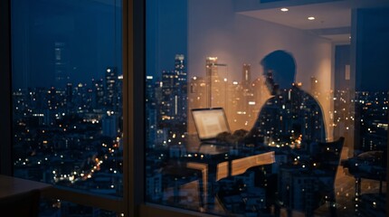 Naklejka premium A person works on a laptop in a dark room overlooking illuminated high rise buildings. Concept of remote work, late hours and modern careers. Generative AI.