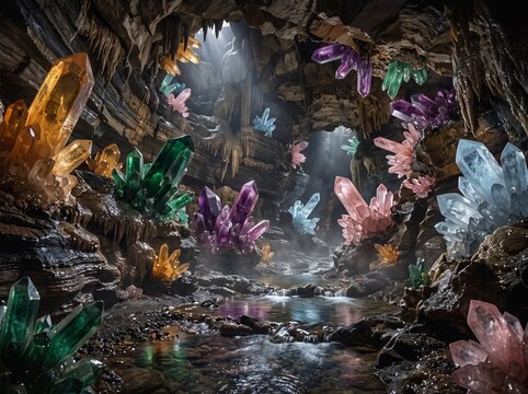 Underground cavern featuring vibrant glowing crystals and a flowing stream illuminated by natural sunlight