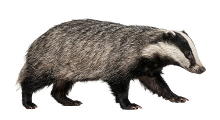 European badger walking isolated on a white background showing its distinctive striped face © Ophelia