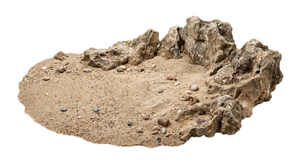 Isolated patch of sandy beach with weathered coastal rocks on a clean white background © Ophelia