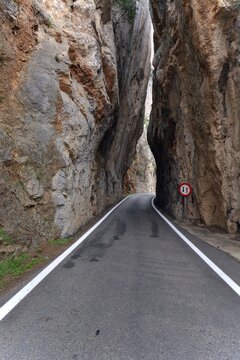 Narrow canyon on the mountain road to Sa Calobra, Serra de Tramuntana, Majorca, Balearic Islands, Spain