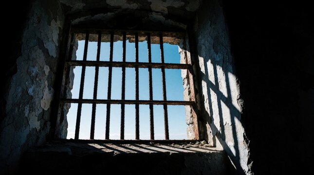 Dark prison cell interior with metal bars on window. Bright blue sky visible through rusty iron grate. Strong sunlight creates shadows on old stone wall. Symbol of confinement, hope for freedom from