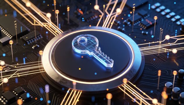 Translucent glass key floating above glowing platform at center of dark circuit board, radial network of luminous nodes and light lines, blue and amber lighting, data encryption 3D render