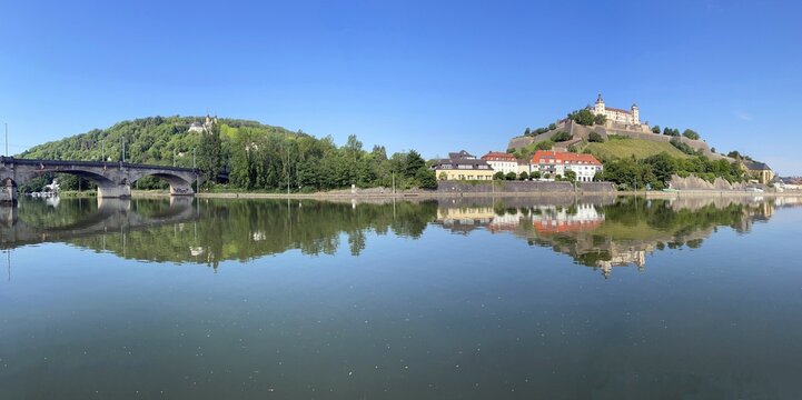 K&auml;ppele, pilgrimage church of the Visitation of the Virgin Mary on the Nikolausberg, Marienberg Fortress, UNESCO World Heritage Site, reflection in the Main, panorama with Main Bridge, W&uuml;rzburg, Romantic Road, Franconia, Bavaria, Germany