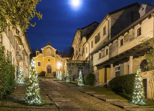 The Via Albertoletti with the Church of Santa Maria Assunta, Orta San Giulio, Lago d'Orta, Province of Novara, Piedmont, Italy