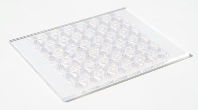 Holographic diffraction grating plate showcasing intricate circular optical patterns with iridescent rainbow light reflections across clear glass