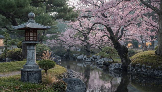 桜と石灯籠のある静かな池の庭園