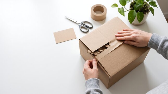 Hands sealing a cardboard box for shipping on white desk with eco-friendly packaging and copy space