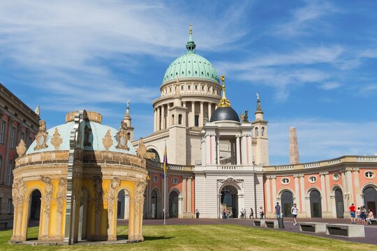 Parliament of Brandenburg, reconstructed city castle, at the back the tower of the St. Nicholas Church, Potsdam, Brandenburg, Germany