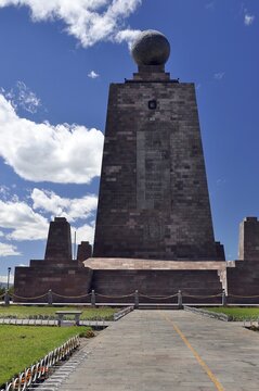 Ciudad Mitad del Mundo, Middle of the World City, monument with a globe and a painted line marking the equator, Quito, Ecuador