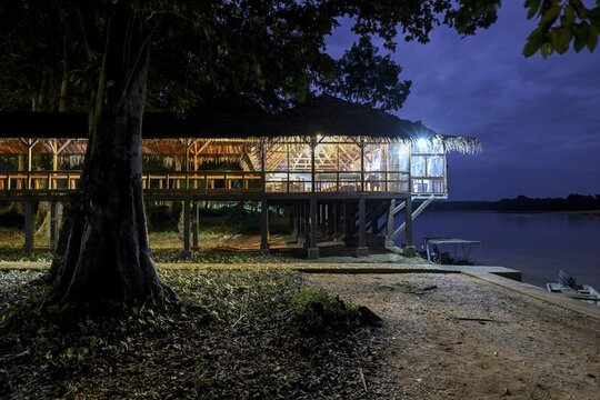 Restaurant at Doli Lodge on the Sangha River, blue hour, Bayanga, Sangha-Mba&eacute;r&eacute; Prefecture, Central African Republic