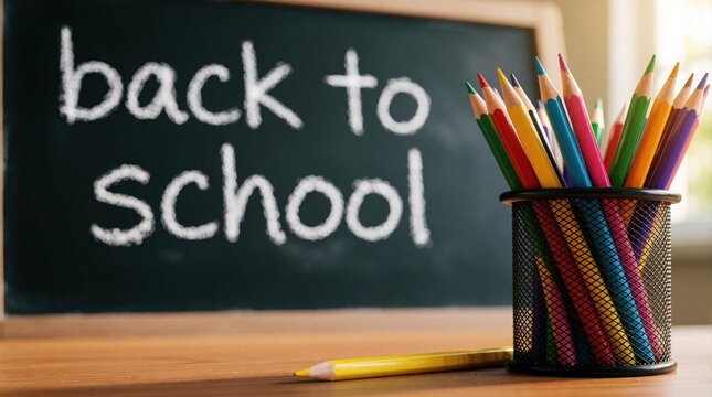 Back to school text written on blackboard. Colorful pencils in black mesh cup sit on wooden desk. Student supplies ready for new semester study session in classroom. Education concept with bright